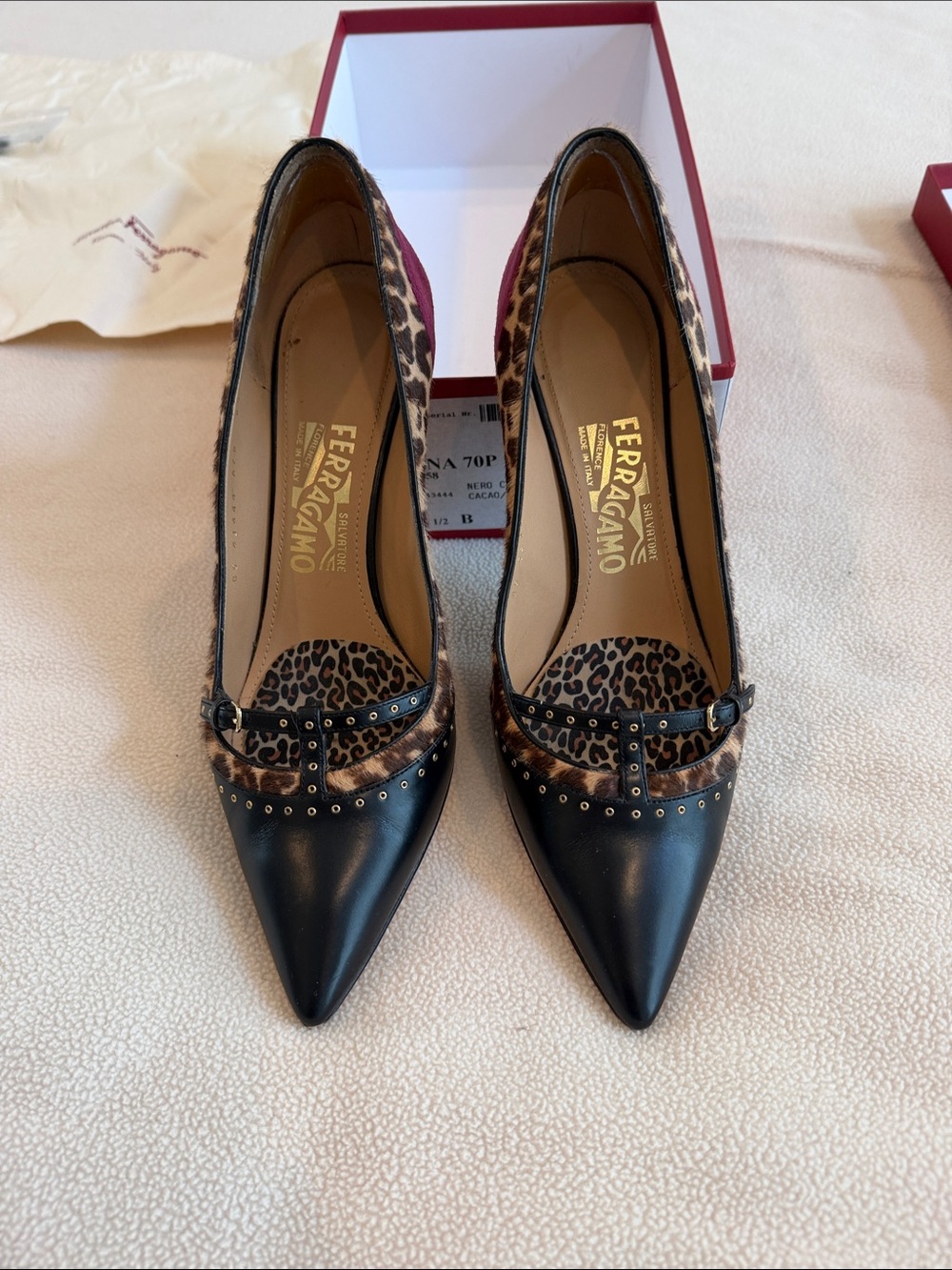 Salvatore Ferragamo Black Leather Pointed Toe Pumps with Leopard Accents